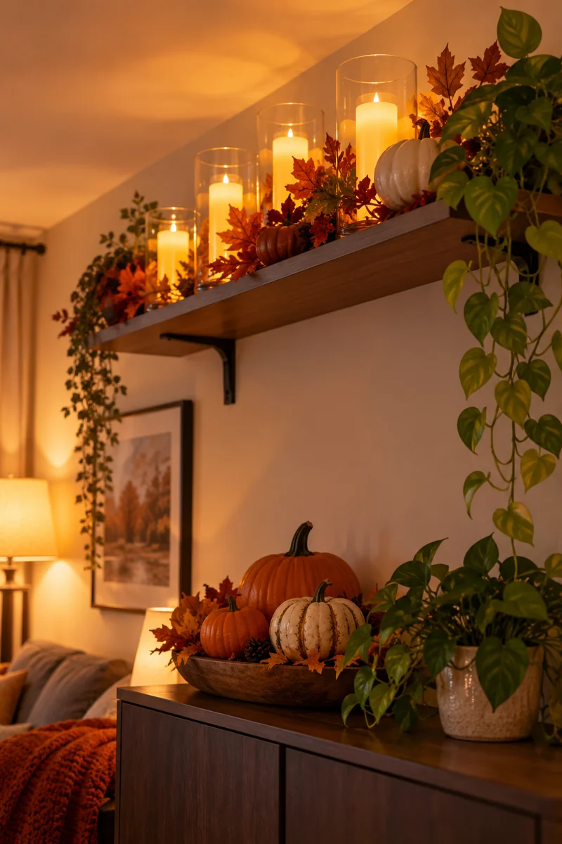 LED candles glowing on a high shelf in a small apartment for Thanksgiving