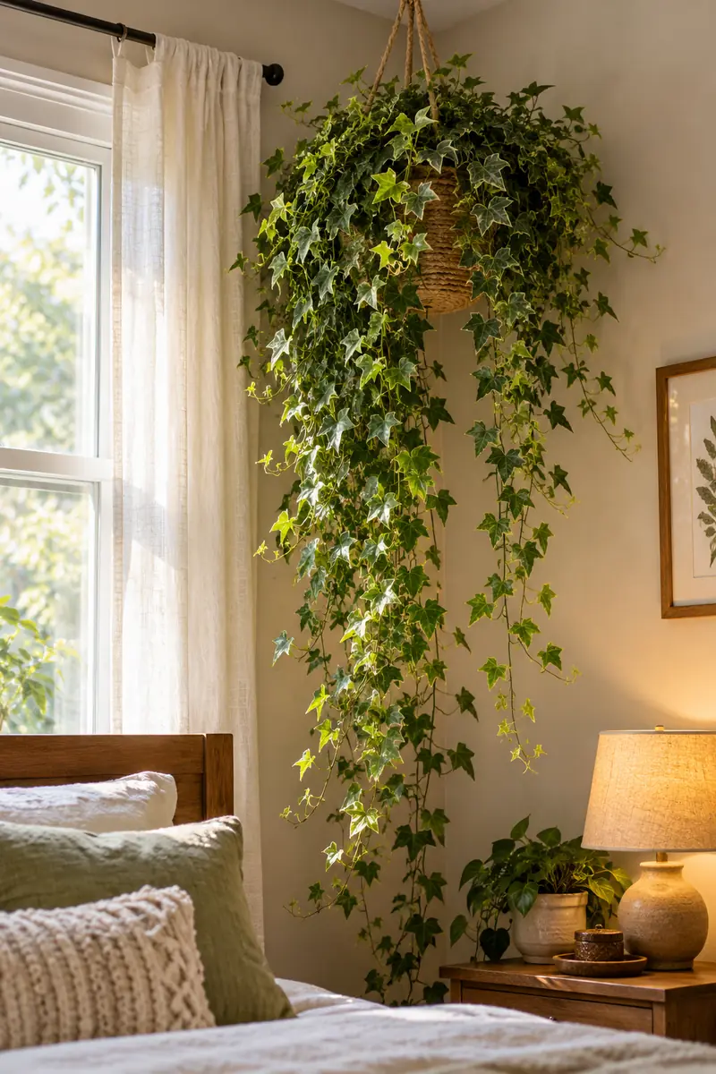 English ivy cascading down a high bedroom corner