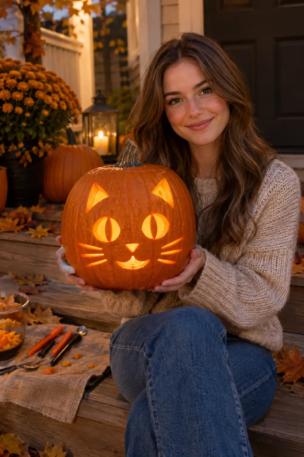 Girl holding a freshly carved pumpkin with a classic cat face