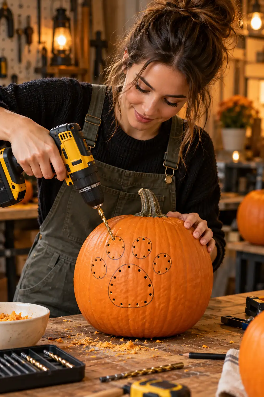 Girl drilling paw print patterns into a pumpkin with a power drill