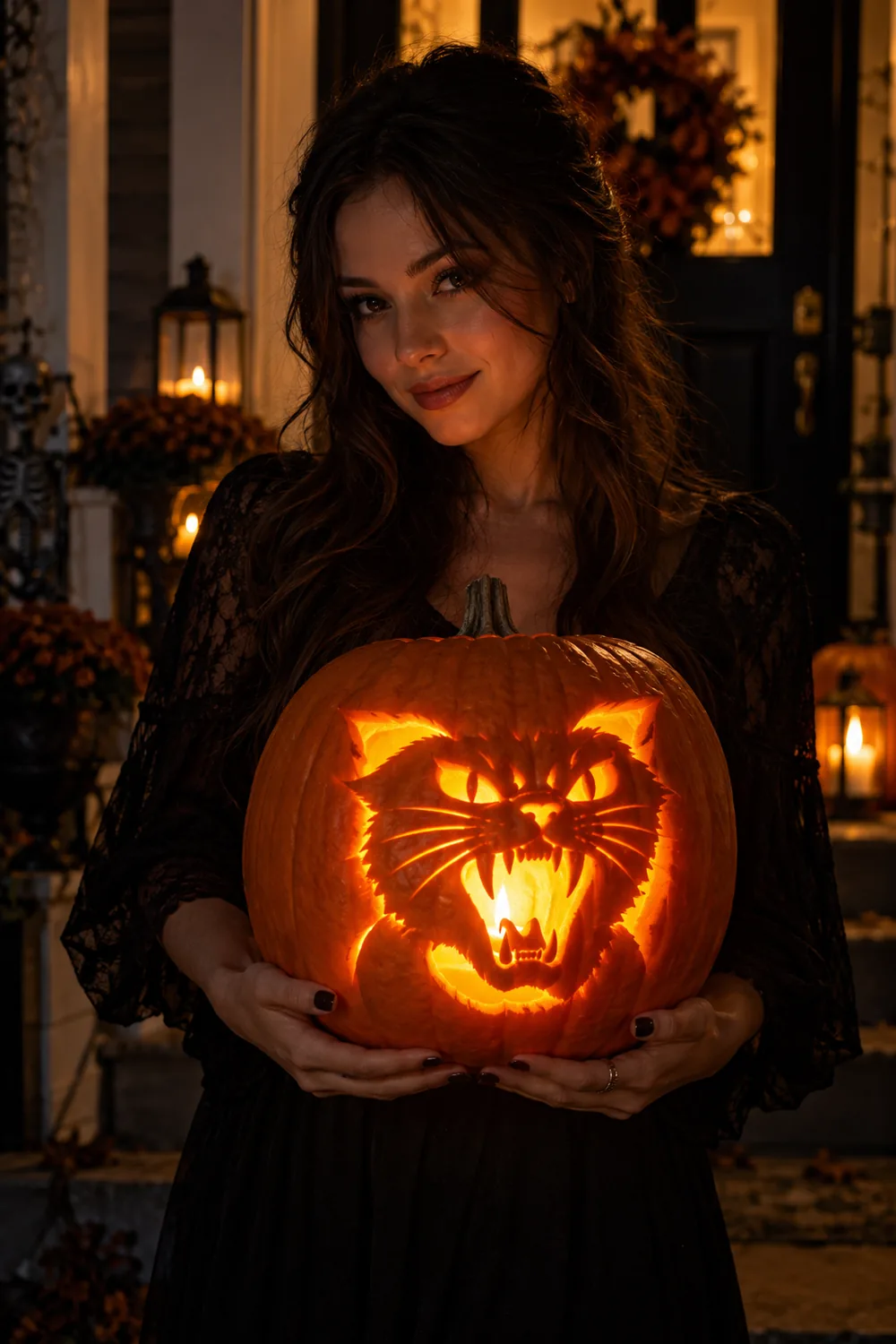 Girl holding a glowing hissing cat face pumpkin on a porch at night