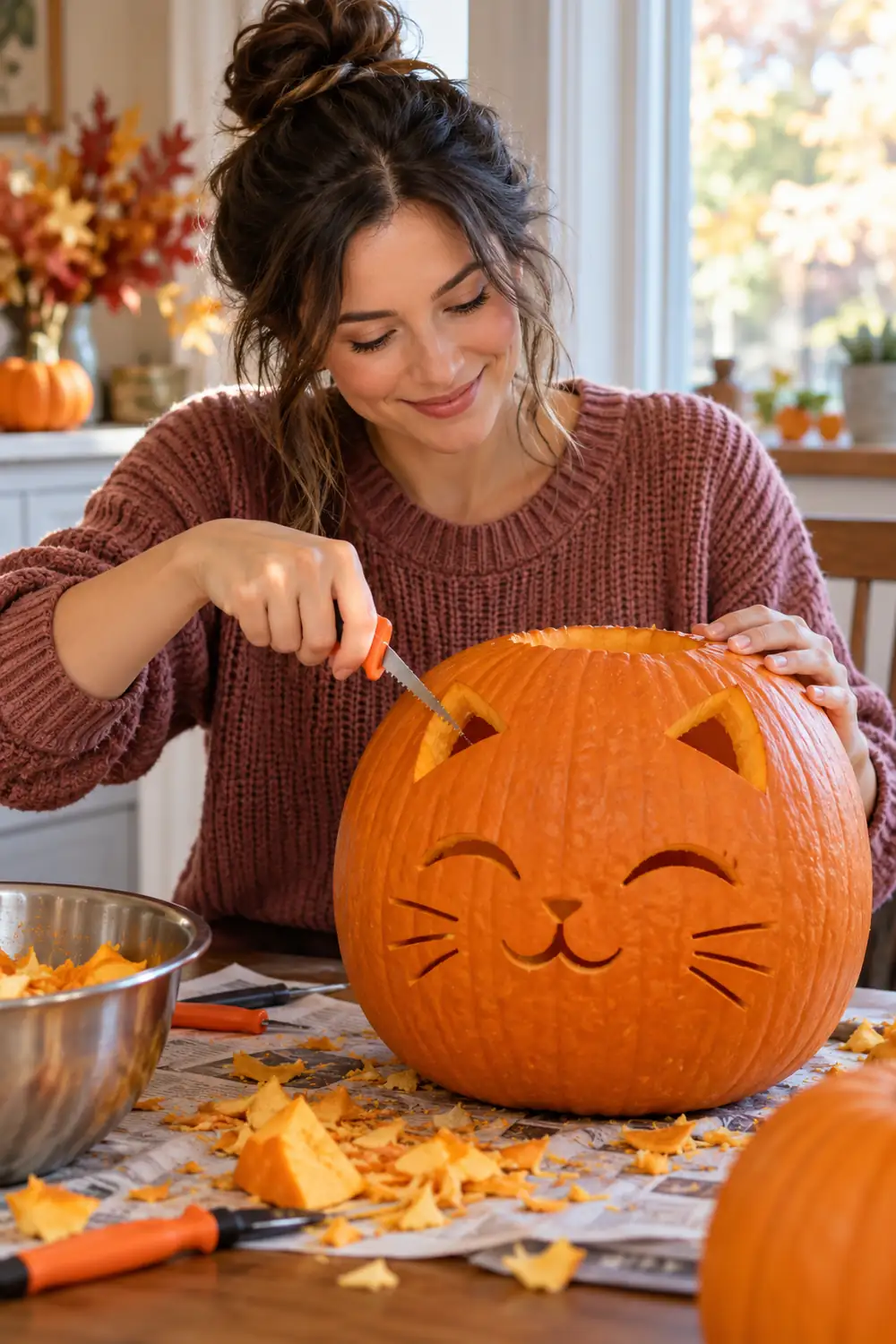 Girl carving a sleepy cat face with closed eyes into a pumpkin