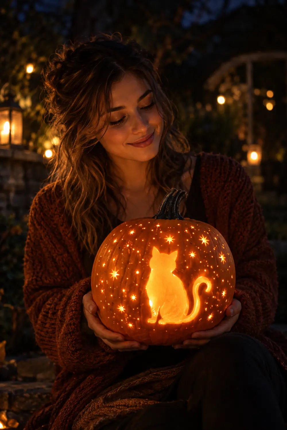 Girl holding a pumpkin with a cat silhouette and drilled starry night holes glowing