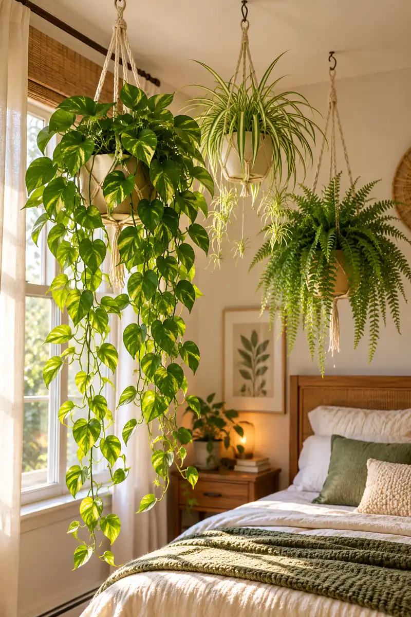 Three plants hanging at different heights from ceiling hooks in a bedroom