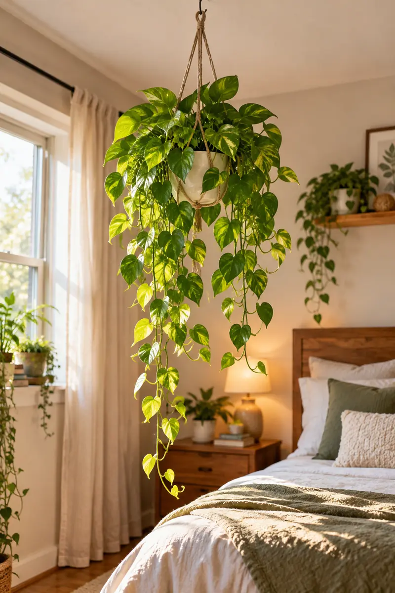 Hanging pothos plant from a ceiling hook in a small bedroom