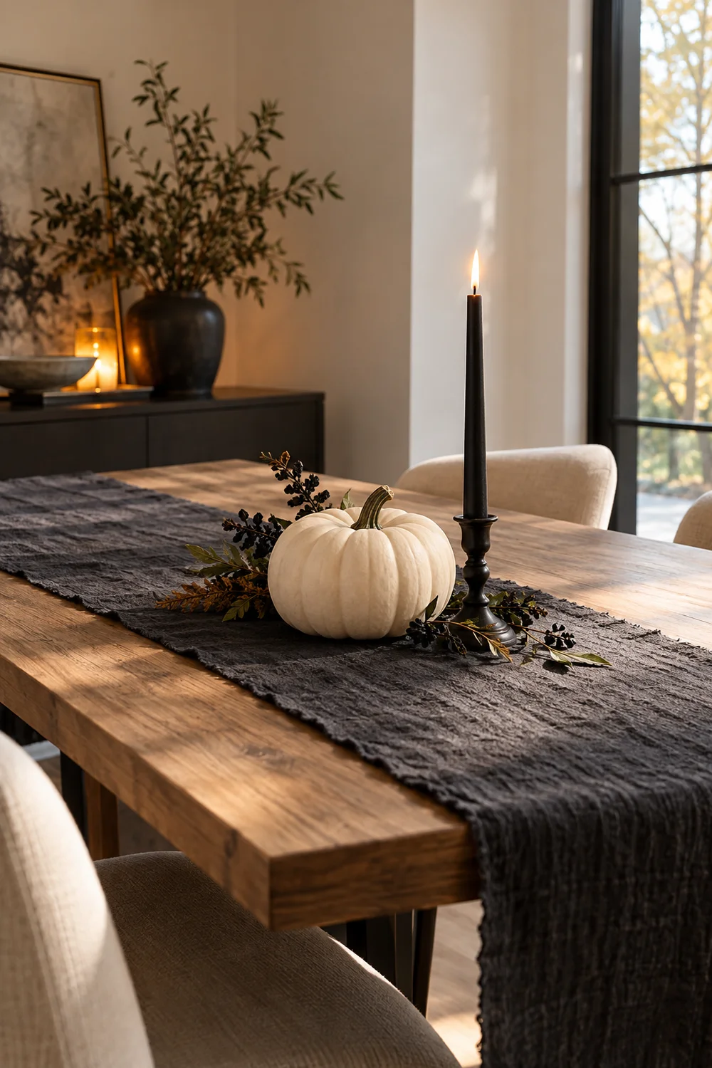 Charcoal linen table runner with a white pumpkin and black candle