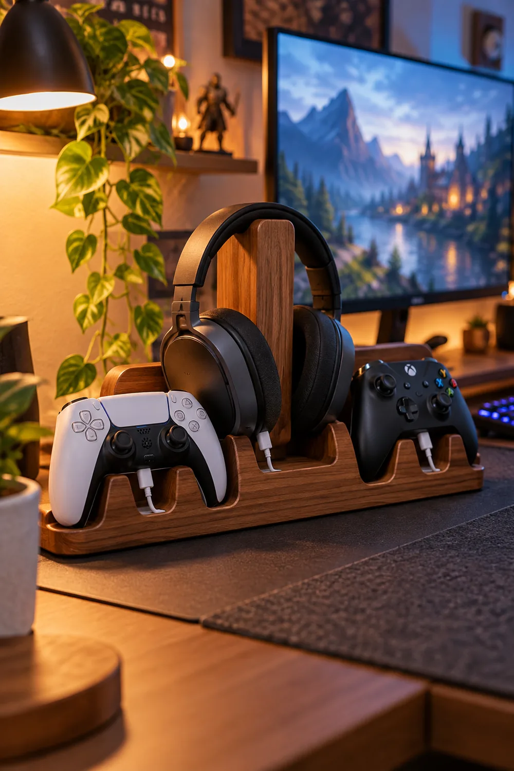 Wooden charging dock with controllers and headset