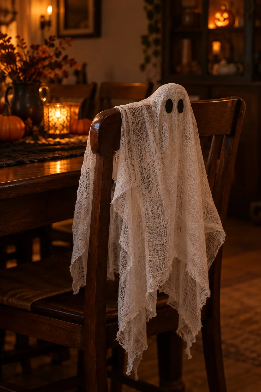 Cheesecloth ghost decoration draped over a dining chair