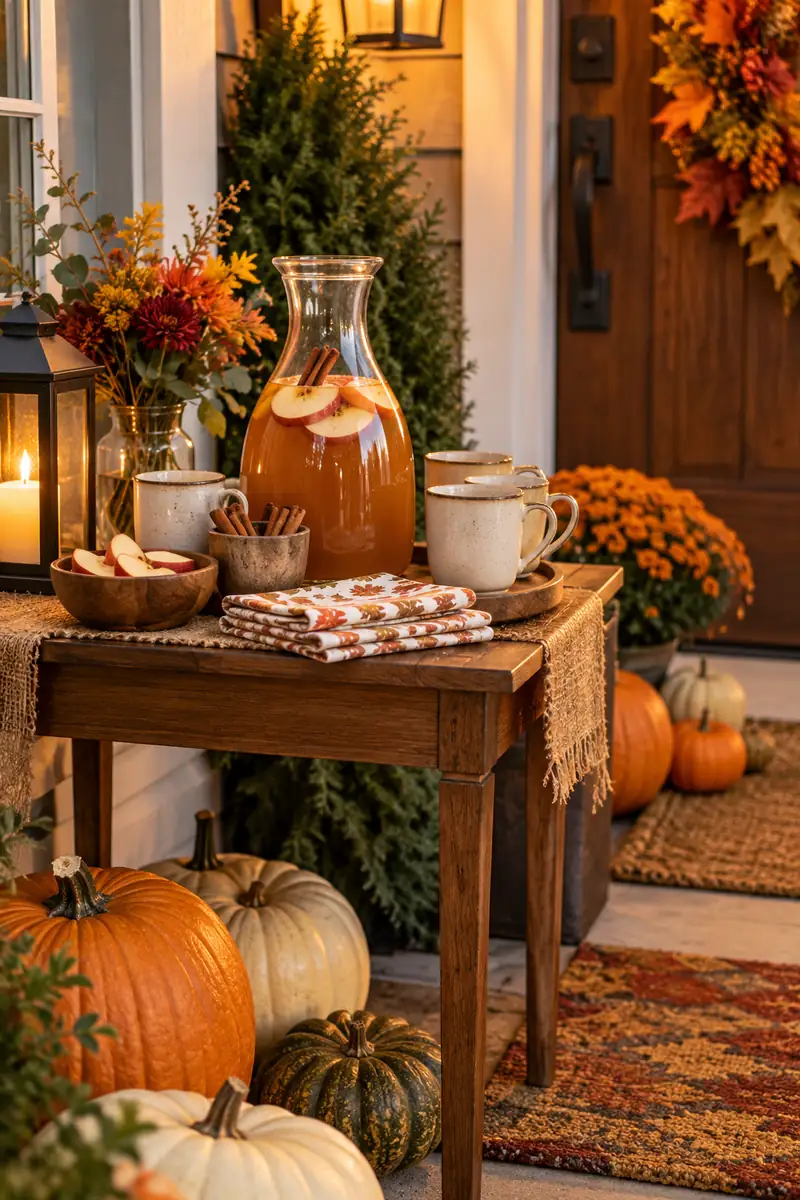 Small cider station with carafe and cups at a Thanksgiving entryway