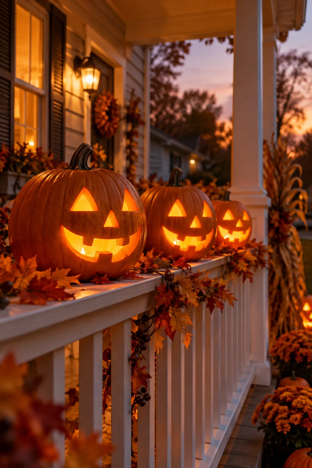 Classic triangle-eyed jack-o-lantern glowing on a porch