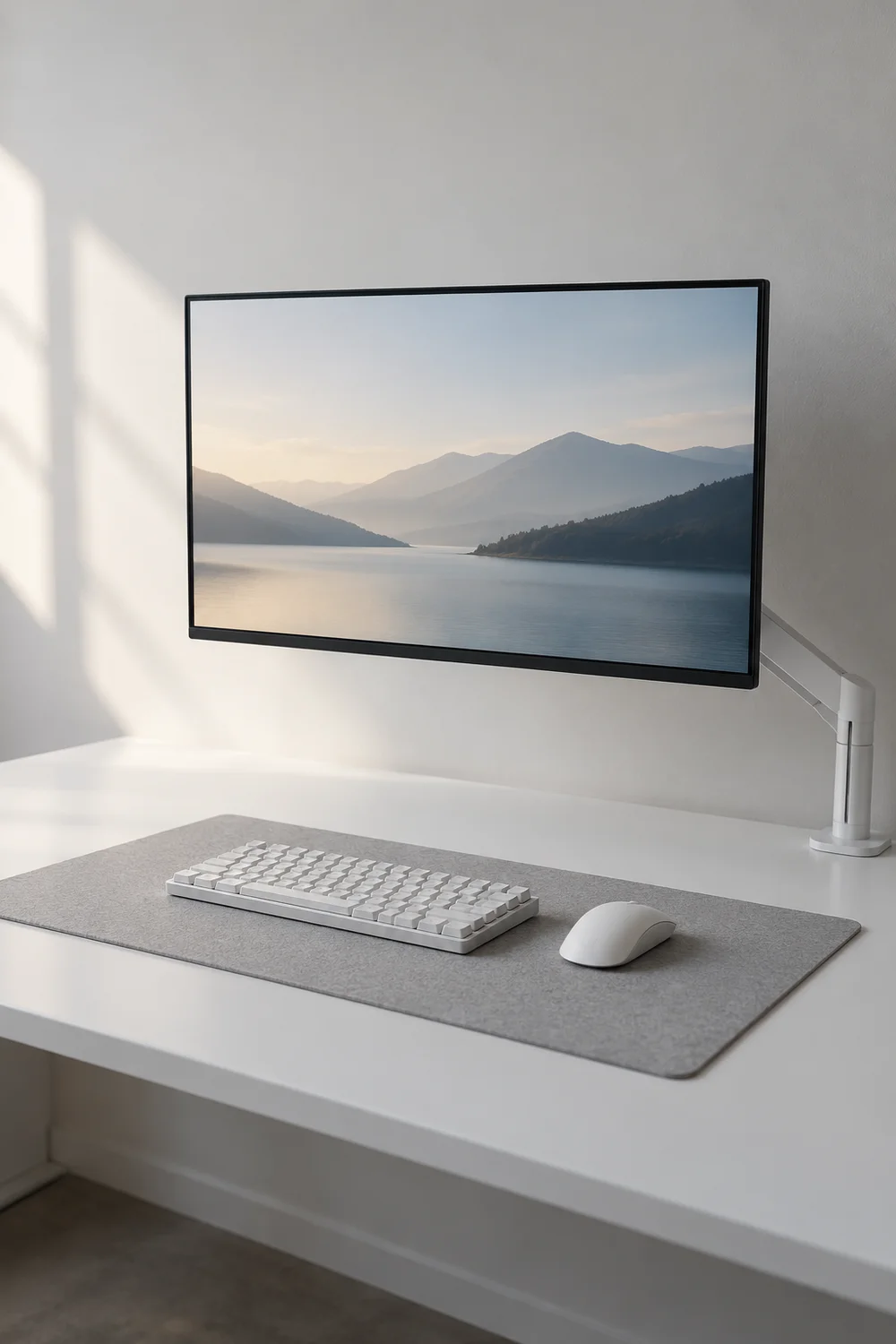 Ultra clean desk with only monitor, keyboard, mouse and mat
