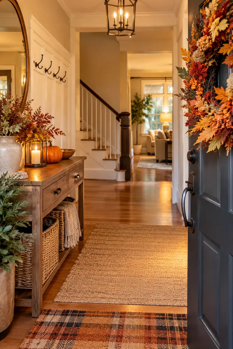 Cleared and styled entryway ready for Thanksgiving guests