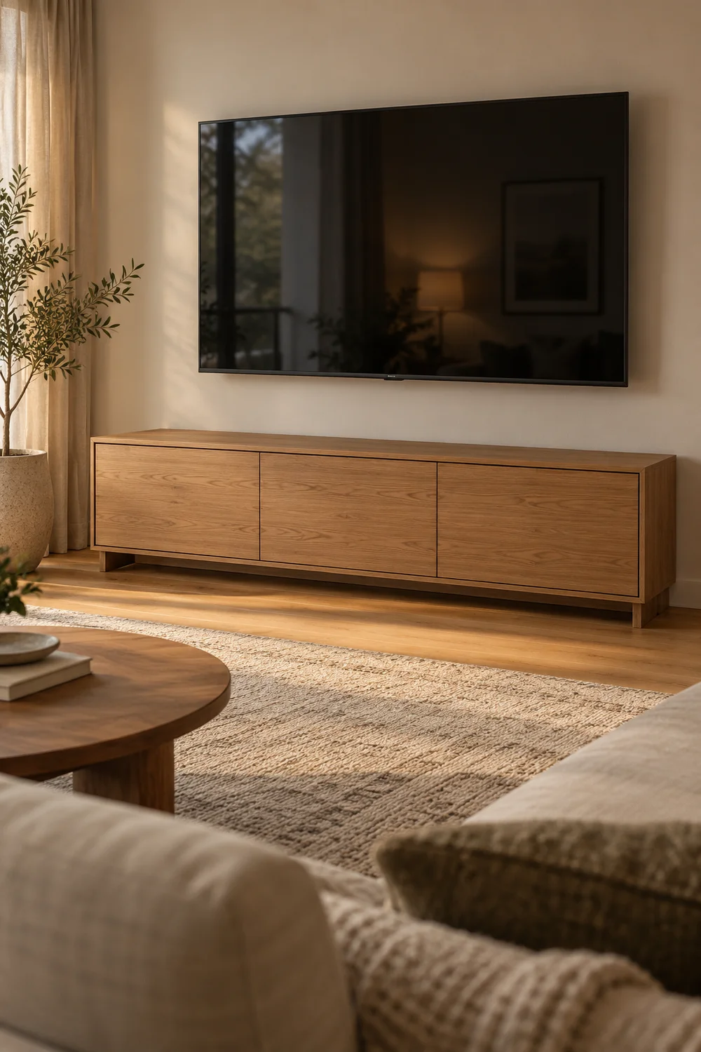 Low wooden media console with closed doors under a TV