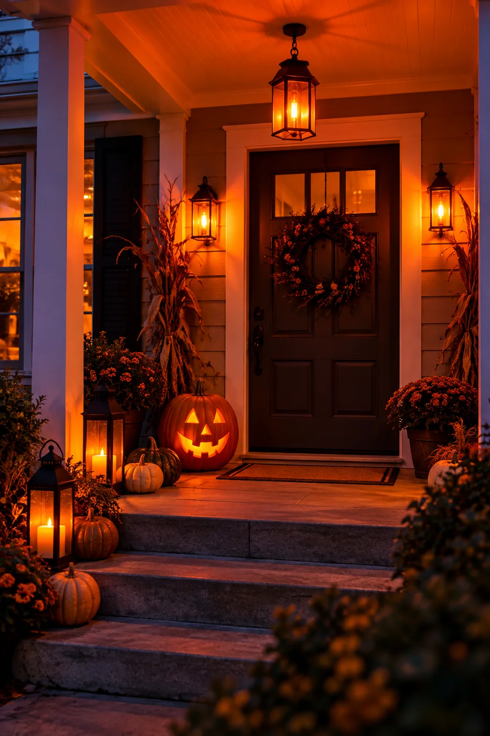 Porch glowing orange from color changing smart bulbs