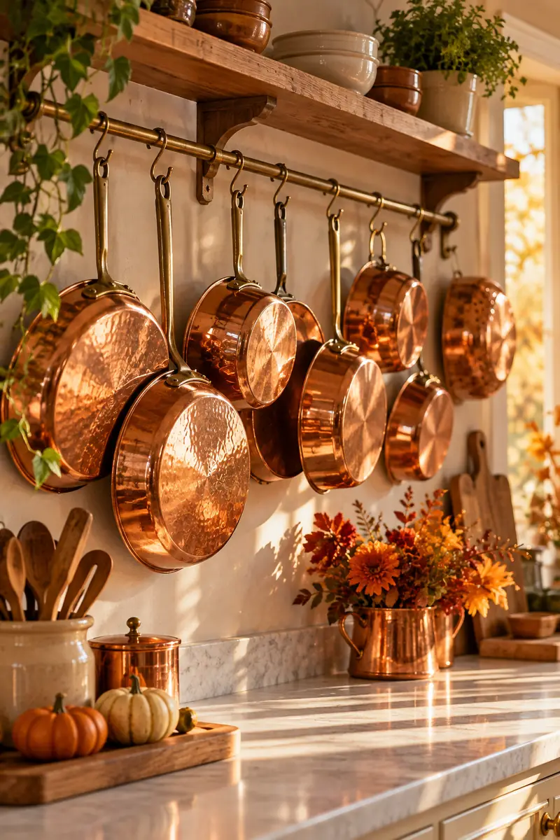 Copper pots displayed as Thanksgiving kitchen decor