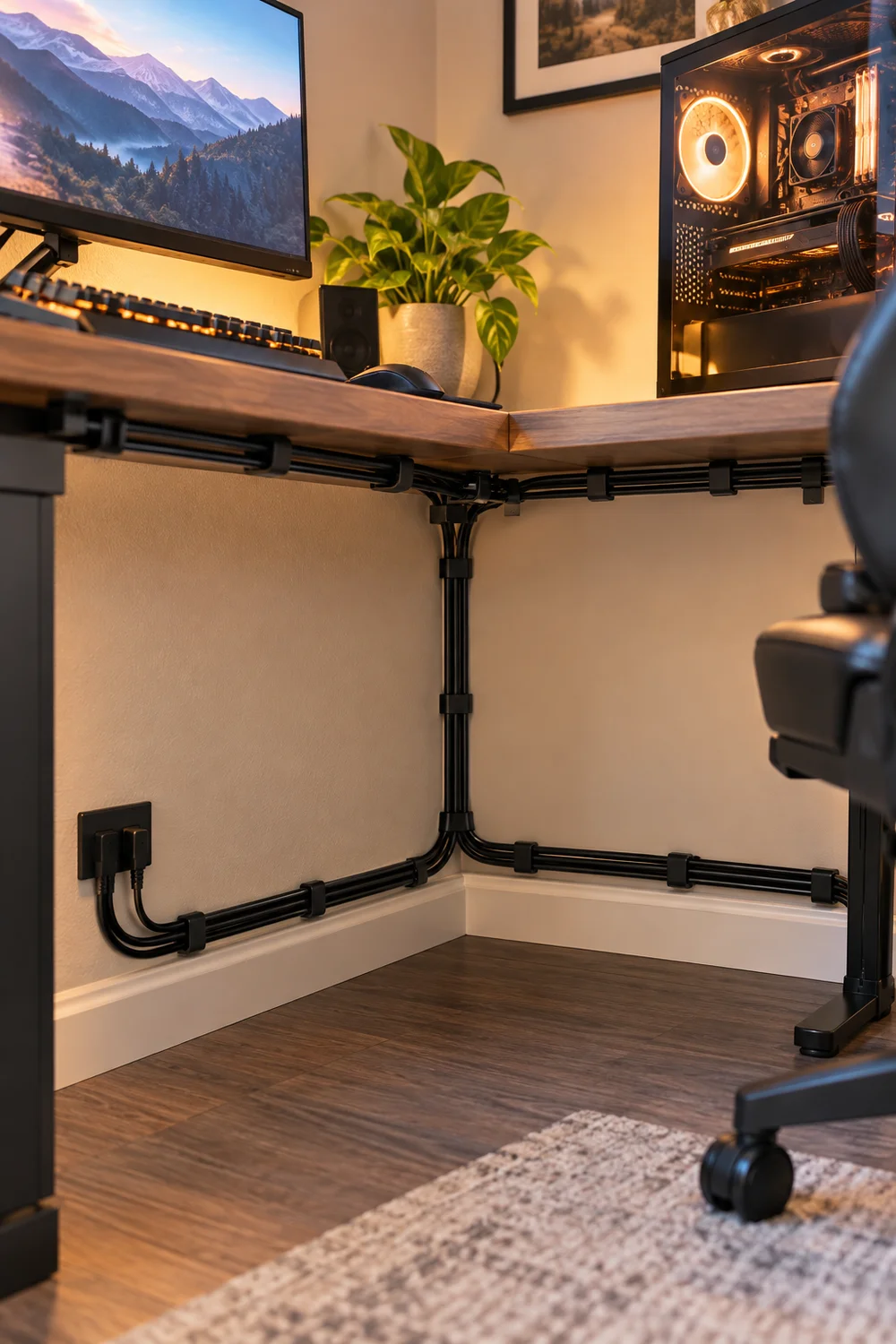Cables routed neatly along the walls of a corner gaming setup