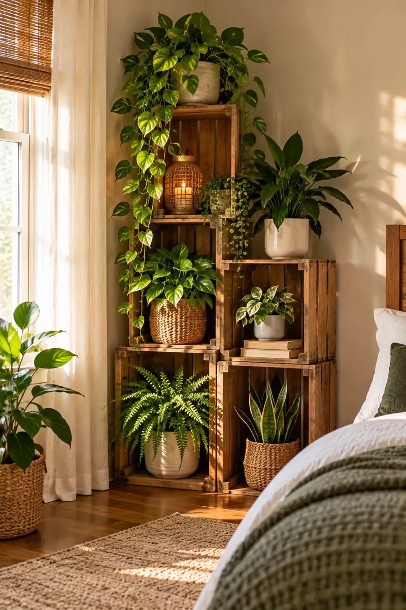 Bedroom Corner Crate Display With Plants Wooden crates stacked with plants in a corner