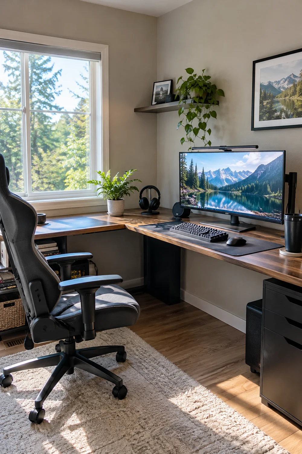 Corner desk positioned in a room corner near a window and outlet
