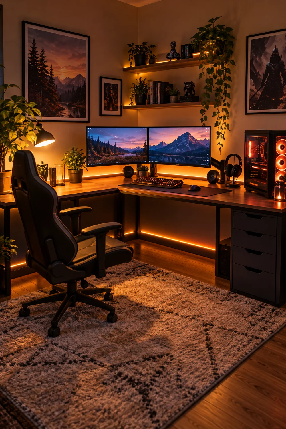 Corner gaming station with warm layered lighting at night