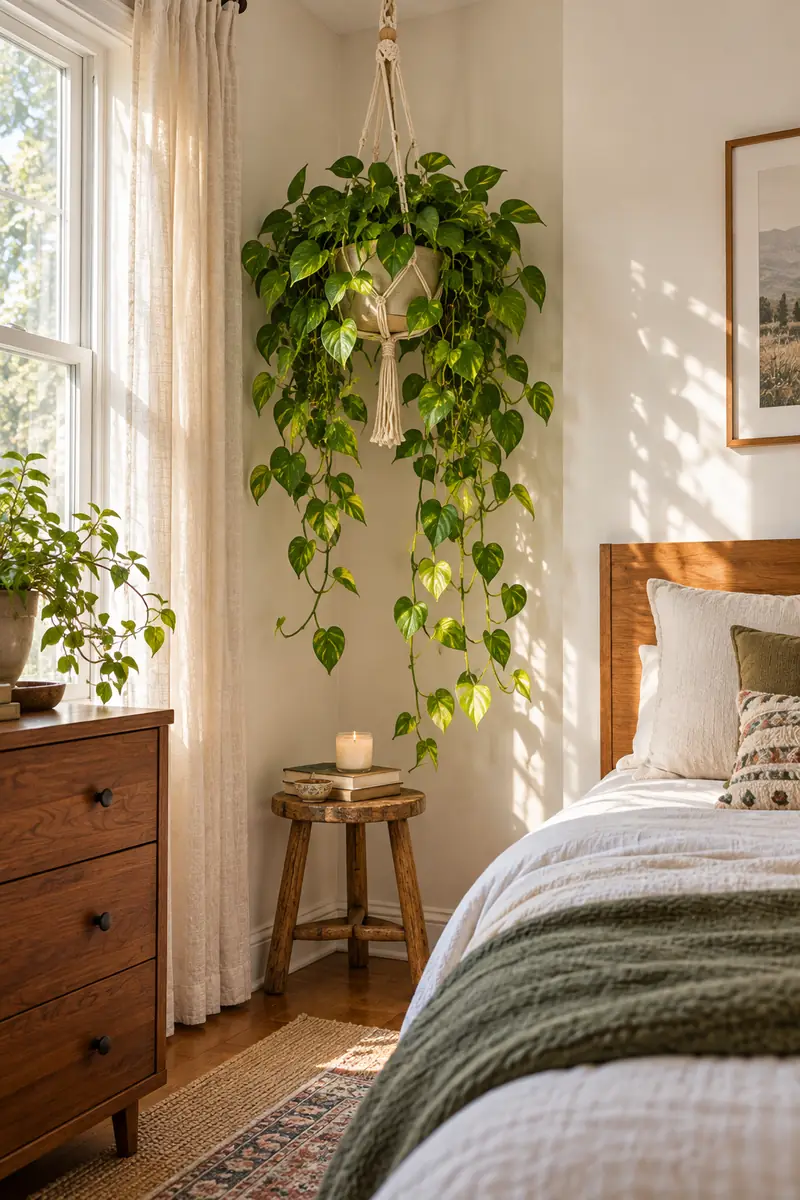 Bedroom Corner Hanging Plant Plant hanging from the ceiling in a corner