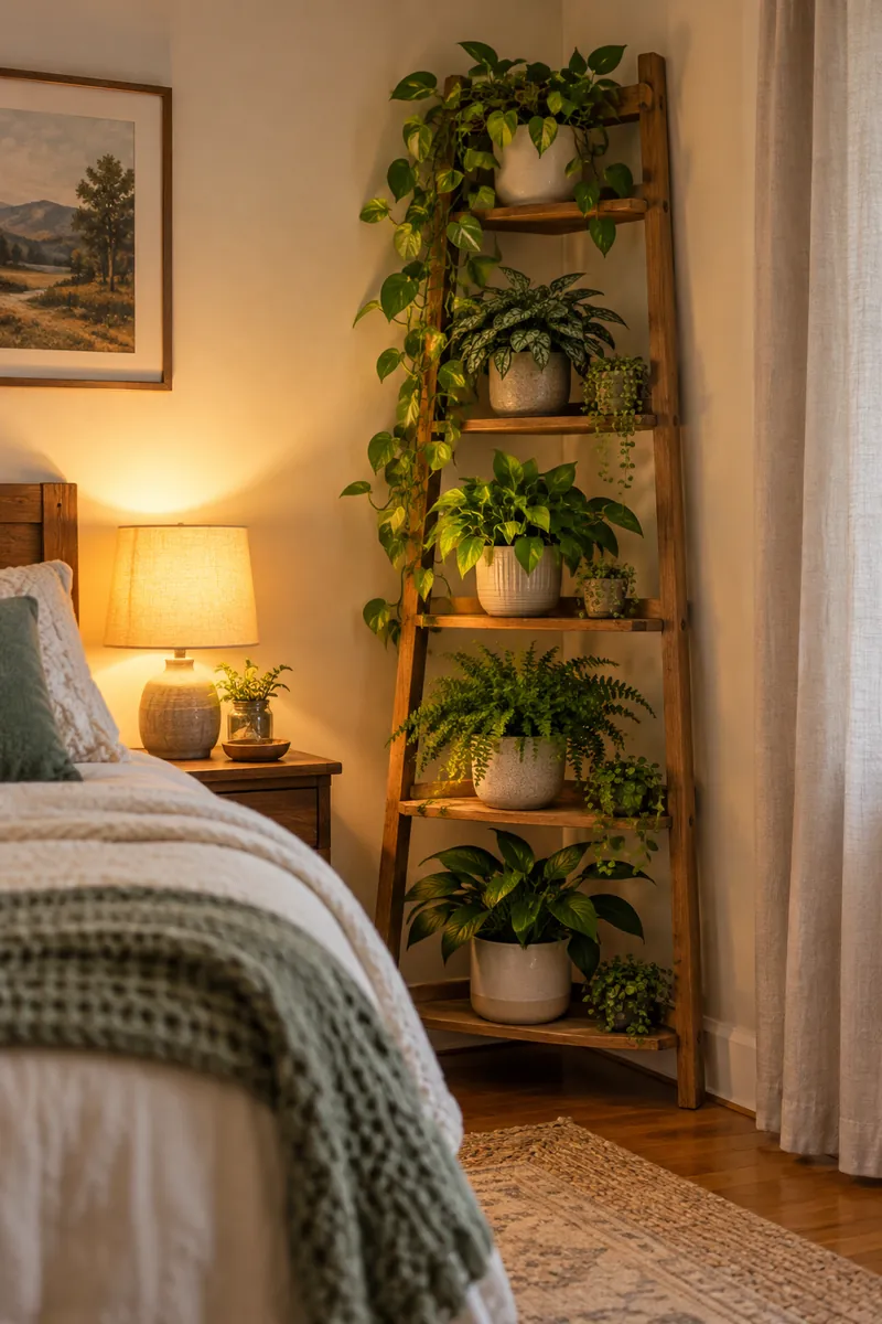 Bedroom Corner Ladder Shelf With Plants Ladder shelf with plants in a corner