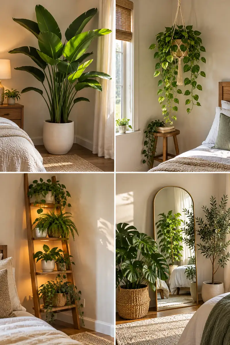 Bedroom Corner Mirror With Plants Mirror flanked by plants in a corner
