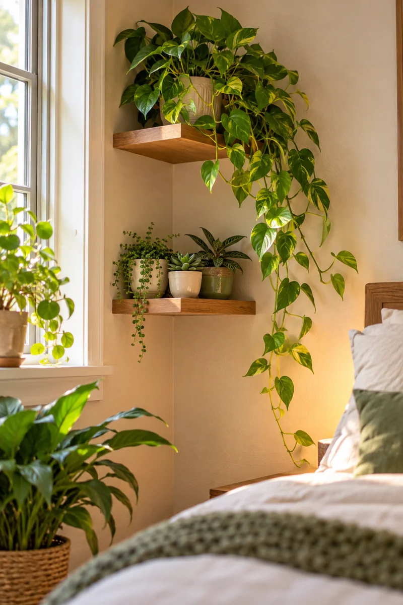 Corner shelves with small plants forming a green nook in a small bedroom
