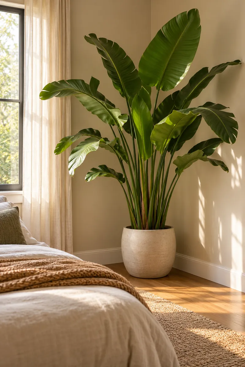 Bedroom Corner With Tall Floor Plant Tall floor plant anchoring a bedroom corner