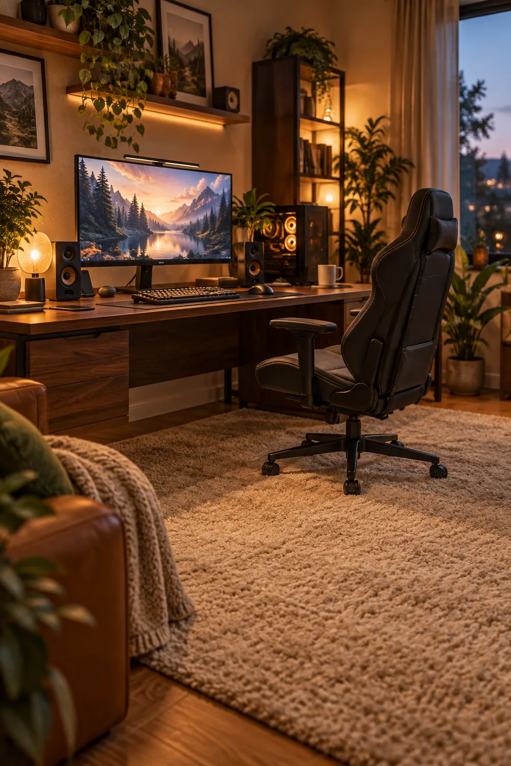 Thick beige area rug anchoring a cozy gaming room setup