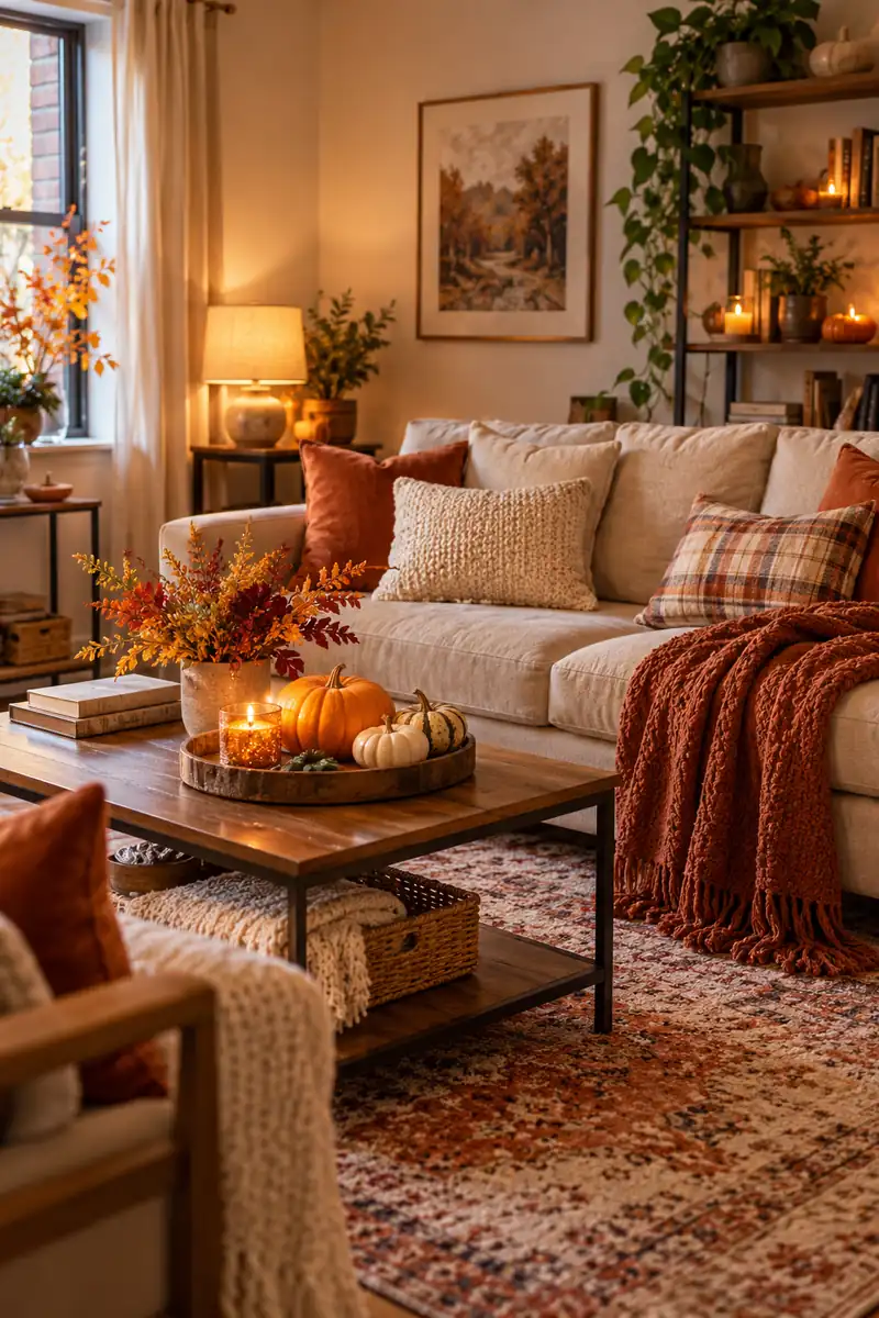 Small living room with rust throw and fall pillows for cozy Thanksgiving decor