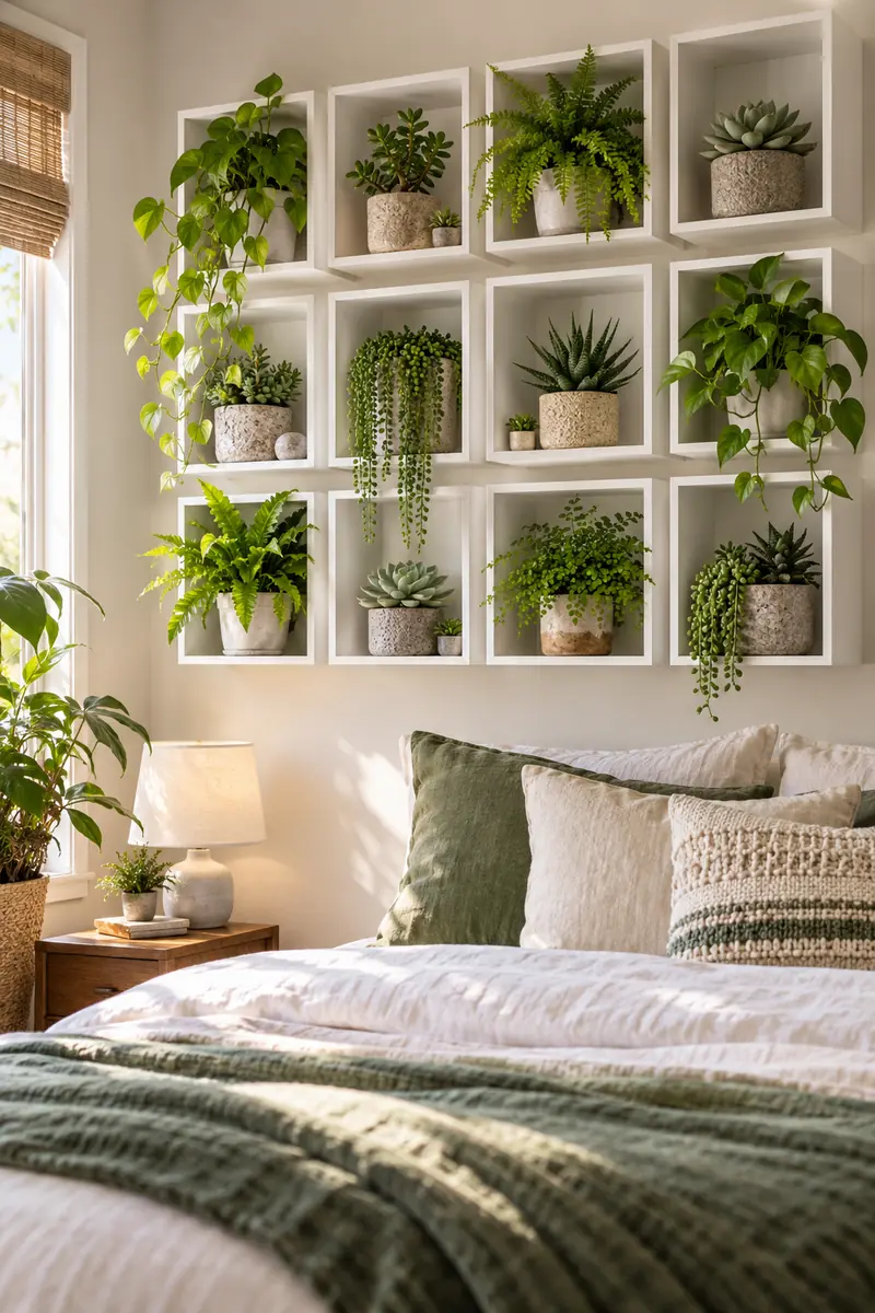 Cube shelves filled with small potted plants