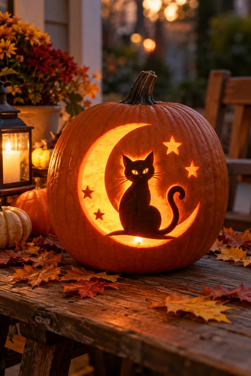 Pumpkin carved with a cute cat silhouette sitting on a crescent moon