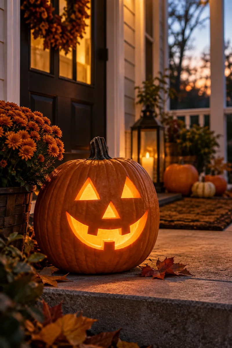 Classic friendly grinning jack-o'-lantern glowing on a porch step