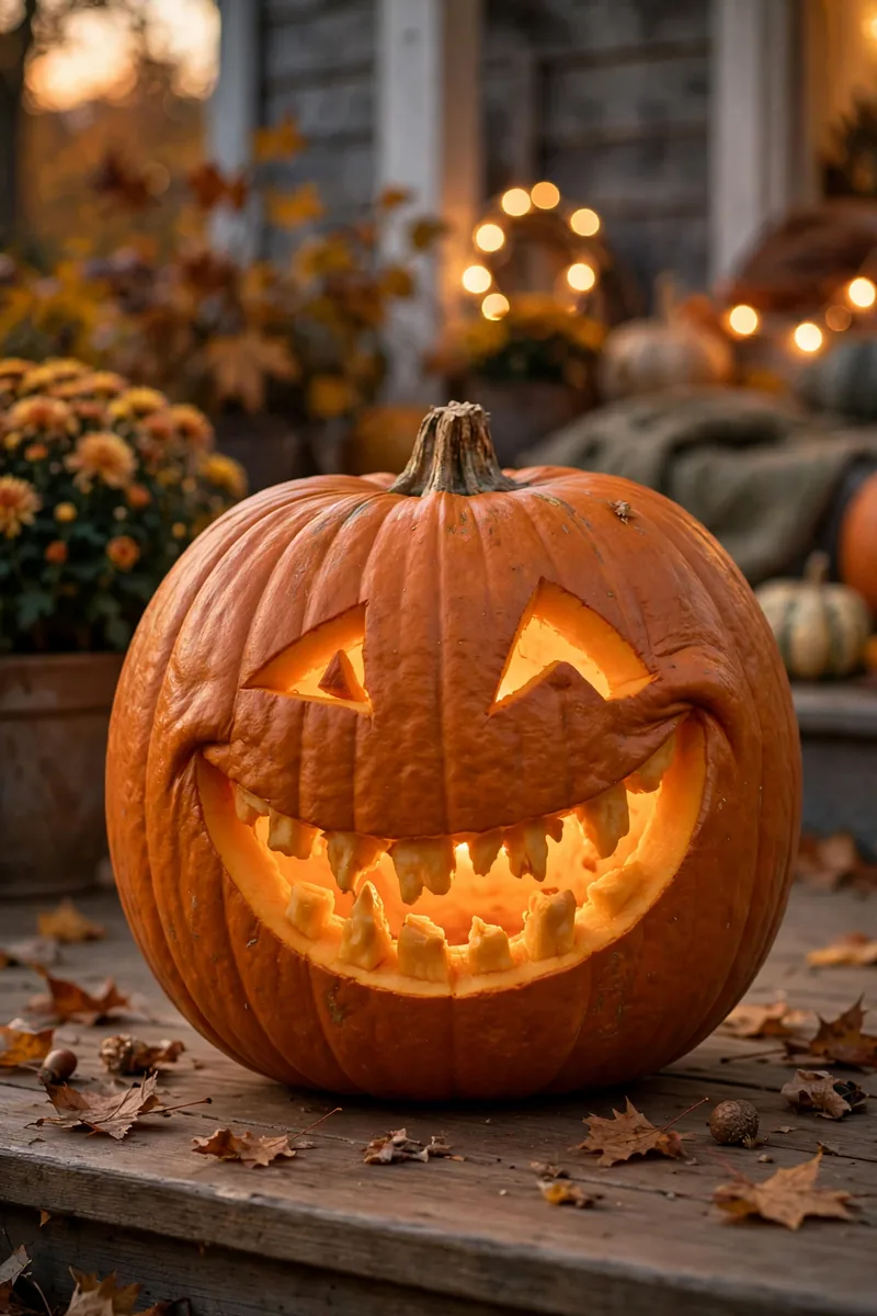 Funny pumpkin with goofy crooked teeth and a lopsided grin