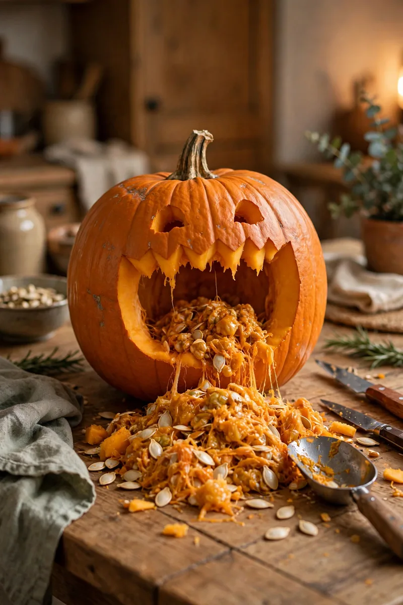 Funny pumpkin carved to look like it is eating its own guts