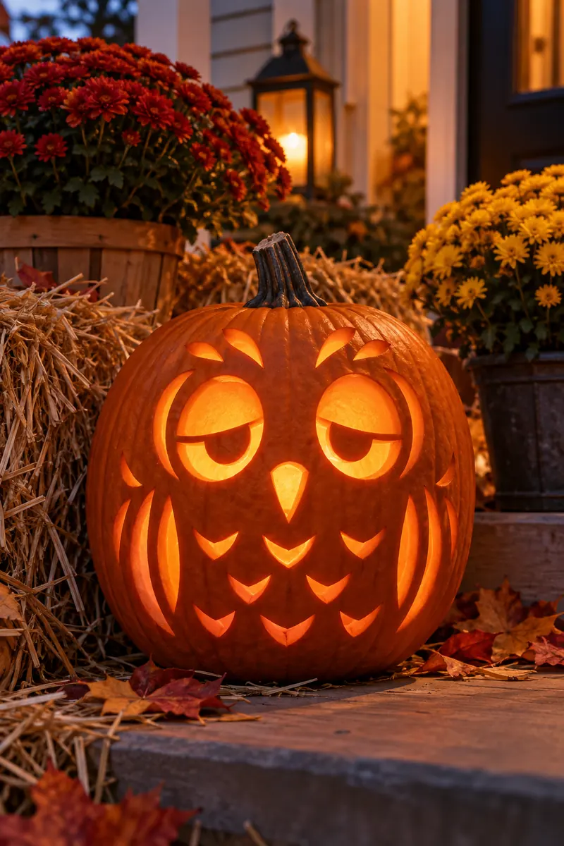 Pumpkin carved with a sleepy owl face glowing softly on a porch