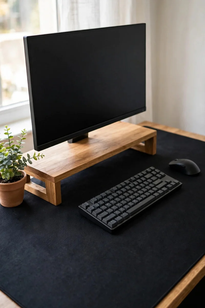 Gaming desk with large mat and monitor riser in a rental room