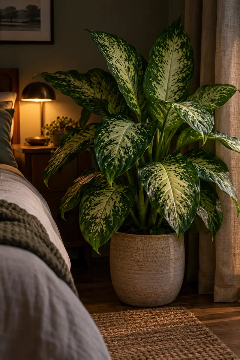 Dieffenbachia with bold variegated foliage in a dim bedroom