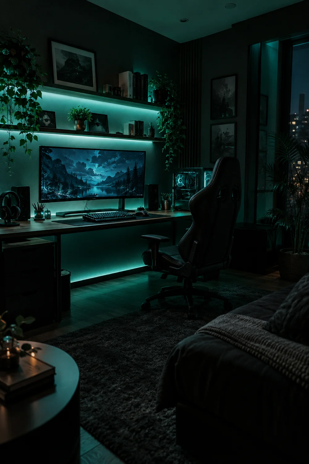 Dimmed moody RGB lighting in a stylish gaming room