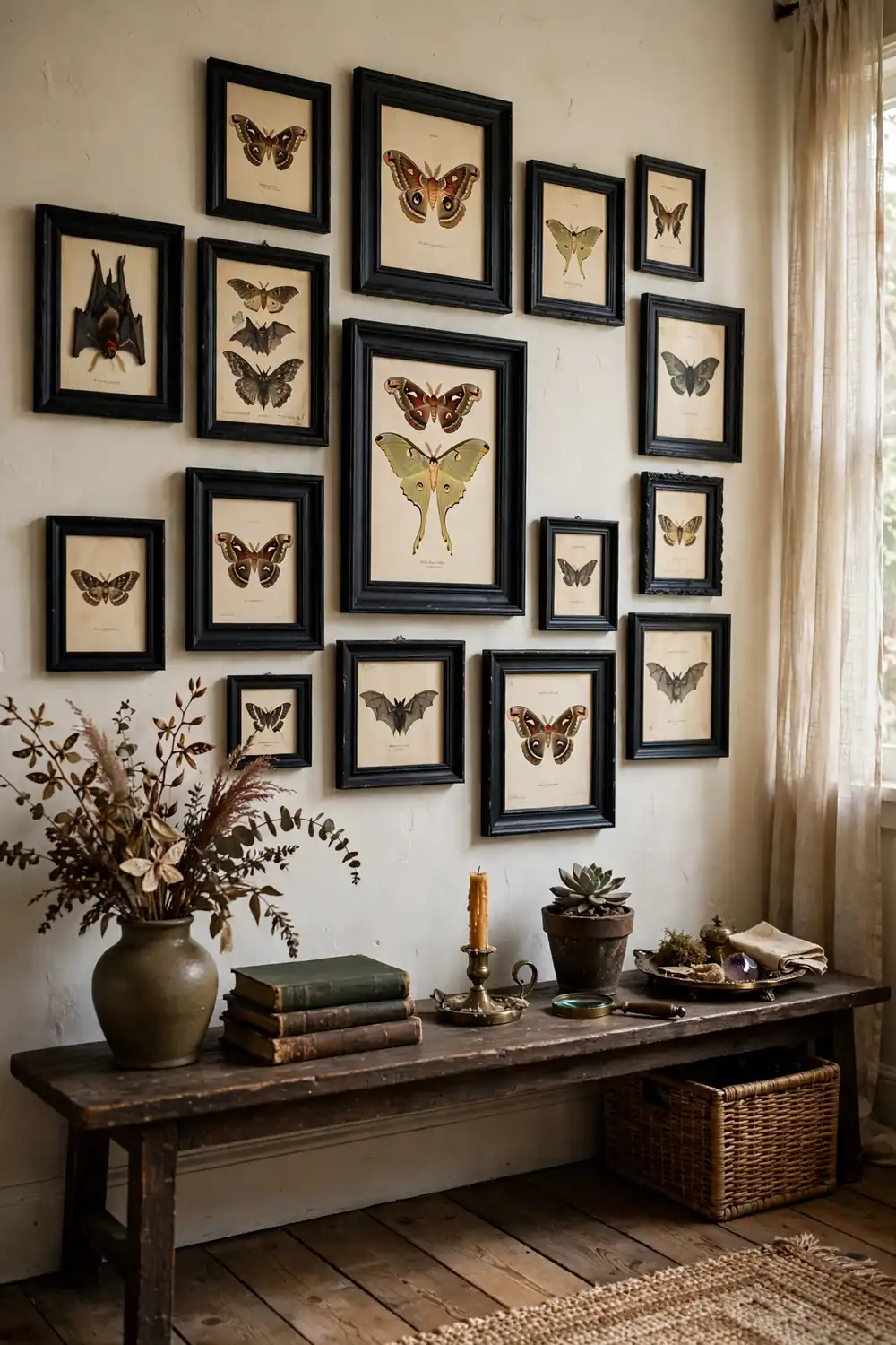 Gallery wall of thrift store frames spray painted matte black with vintage bat art prints