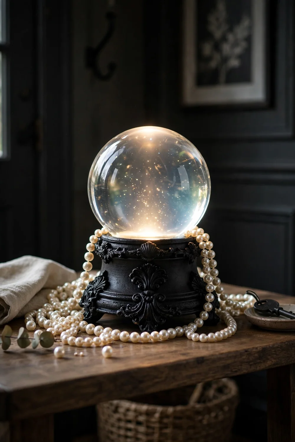 Crystal ball glowing on an ornate black base made from a repurposed snow globe