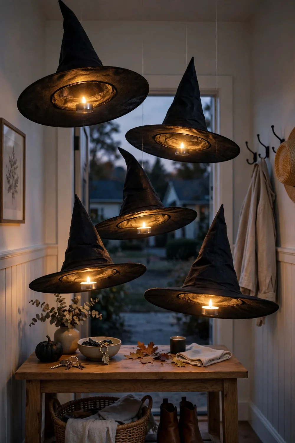 Black witch hats floating at different heights with glowing tea lights inside