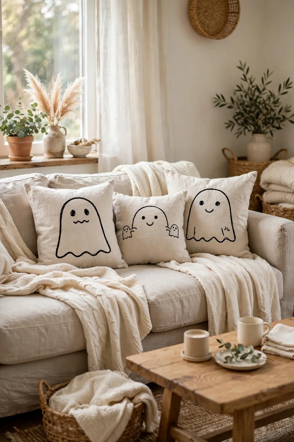 Linen ghost pillows with hand drawn faces on a neutral sofa