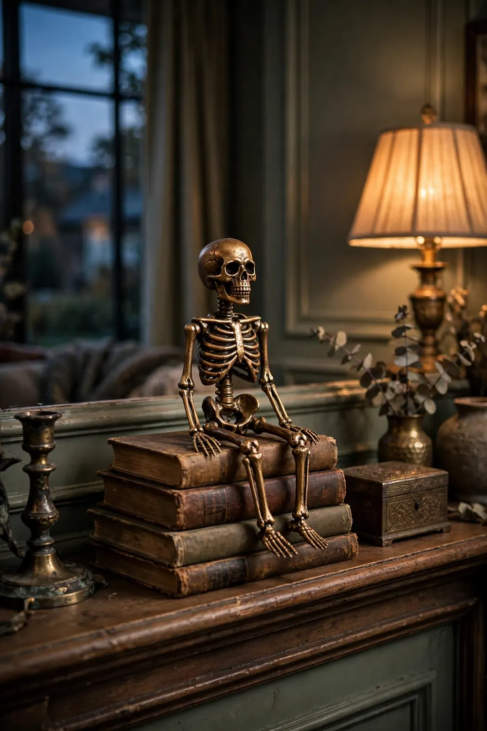Plastic skeleton gilded with metallic wax posed like a bronze statue on a mantel