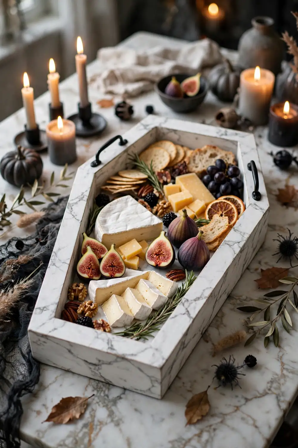 Coffin shaped serving tray with faux marble stencil finish and black handles