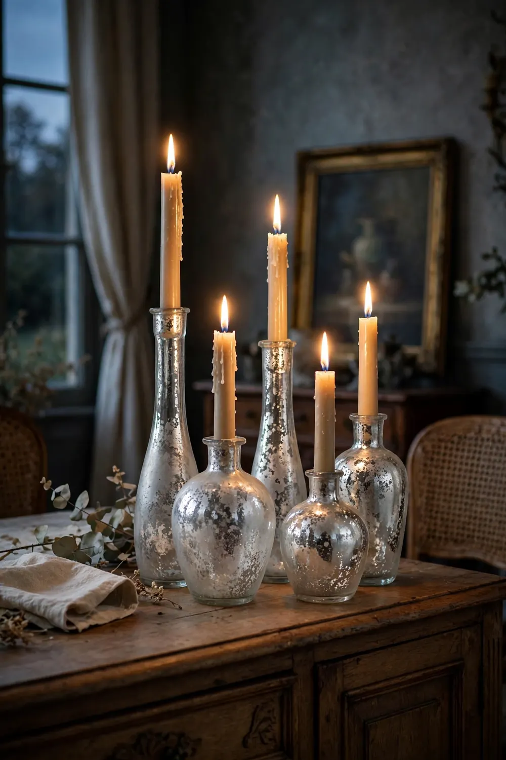 Glass vases with frosted antique mercury glass finish holding candles