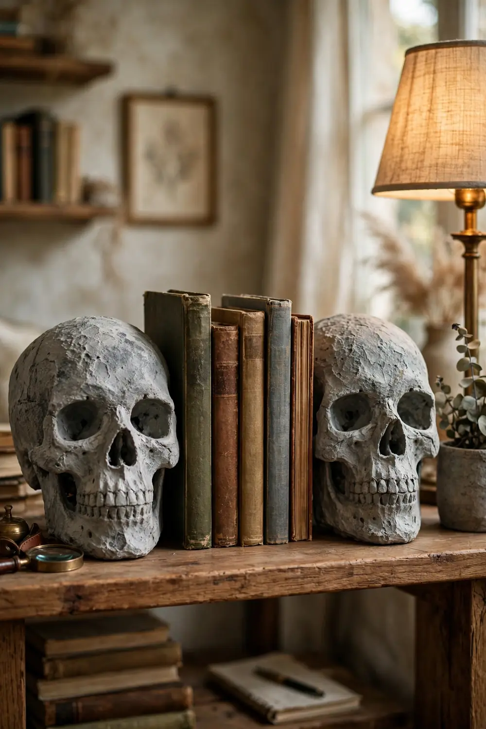 Paper mache skulls painted with textured grey finish to look like carved stone