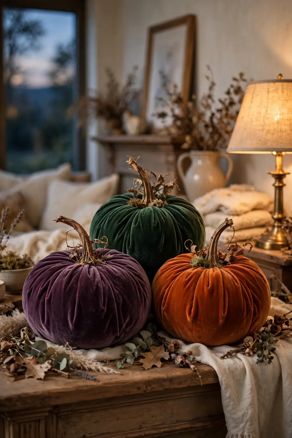 Foam pumpkins wrapped in jewel tone velvet fabric with real stems on a mantel