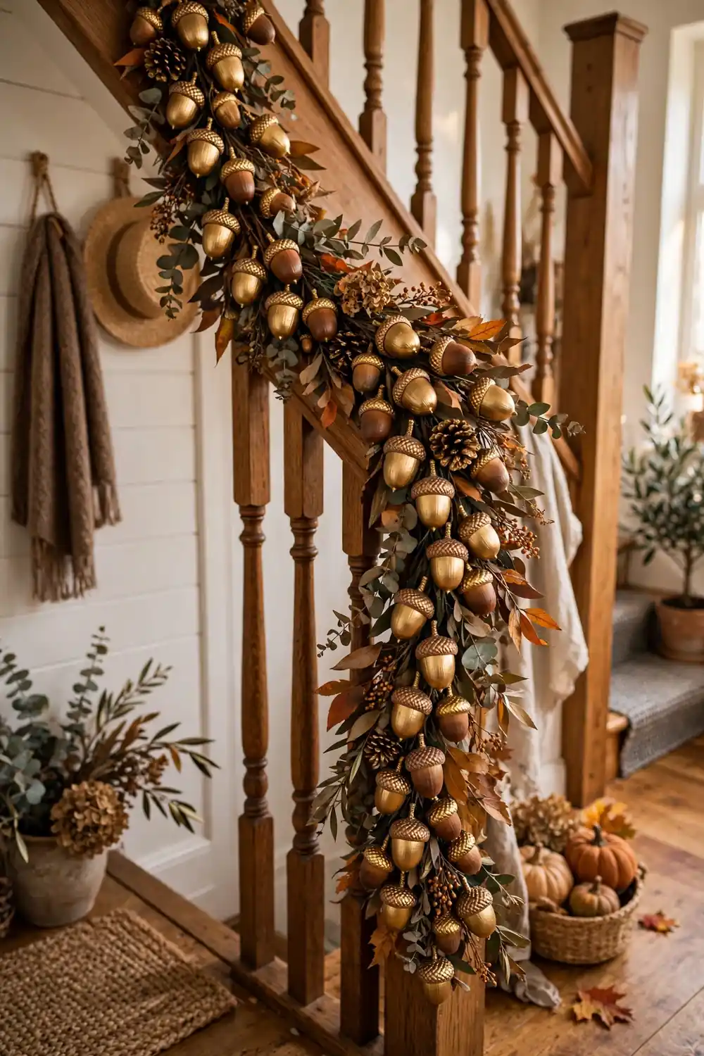 Gilded acorn garland with gold caps draped along a wooden banister