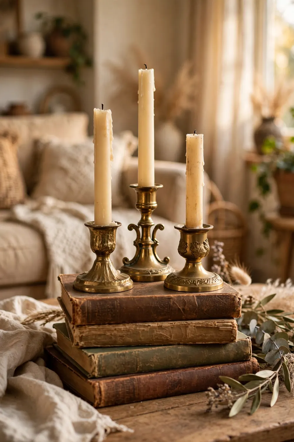 Thrifted brass candleholders with cream tapers styled on stacked books